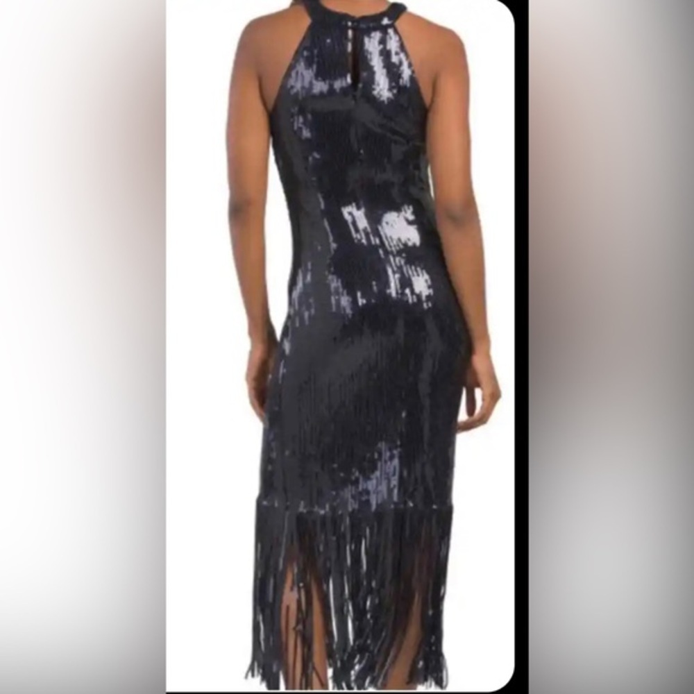 Nanette Lepore navy dark blue sequin fringe halter neck dress midi size 10 new